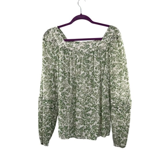 LC Lauren Conrad Blouse Womens L Lightweight Green & Cream Peasant Top - Picture 1 of 12
